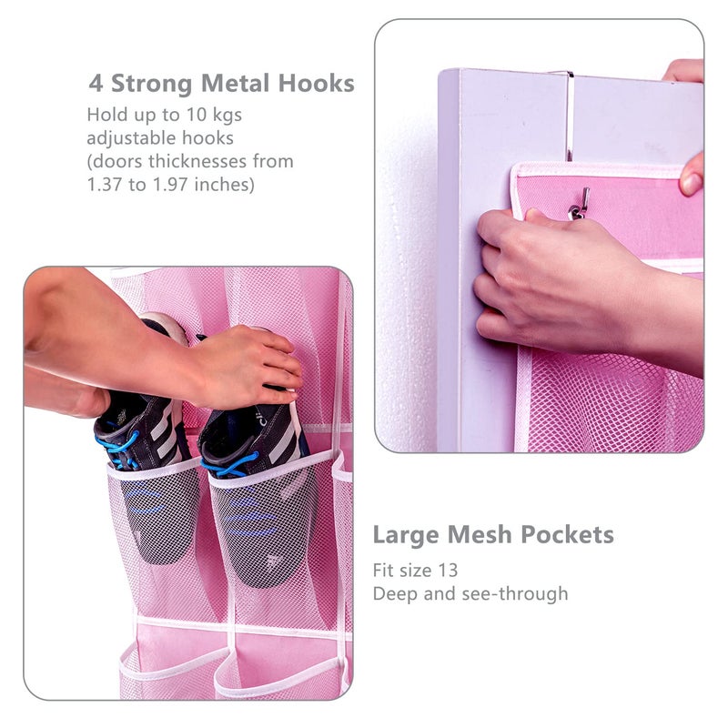 KEEPJOY 28 Pockets Hanging Shoe Organizer  Over the Door Shoe Organizer  Hanging Door Shoe Holder Rack with Mesh Pockets Large Size 65 x 23 Inch (Pink-1Pack) - Image 5